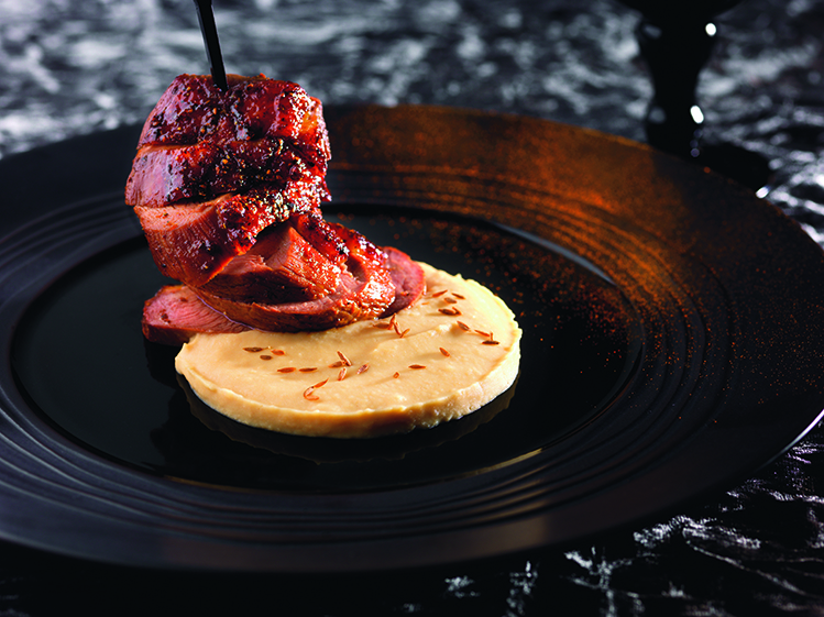 Duck breast with spiced honey chickpea cream with cumin